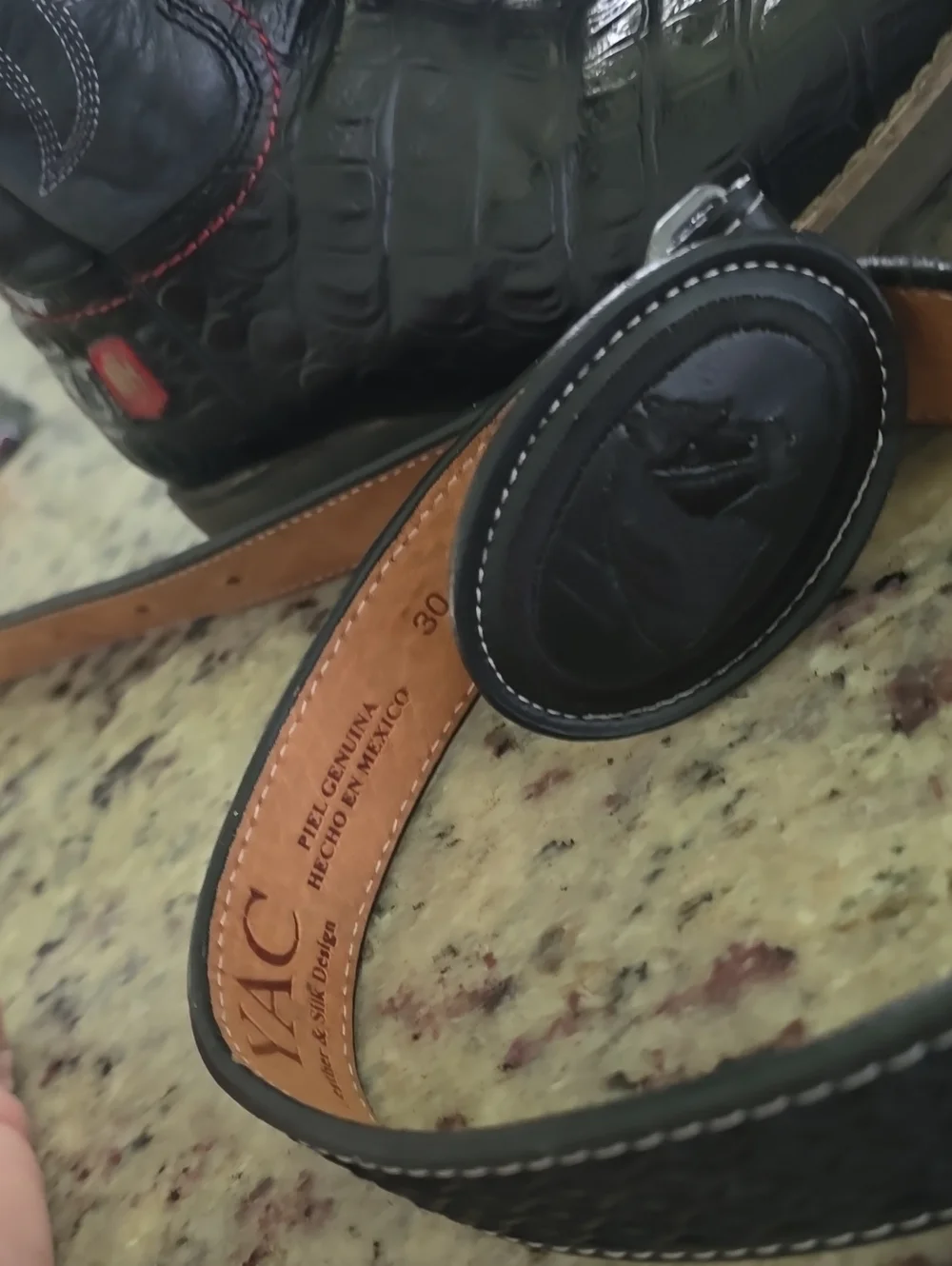Black Croc-Pattern Leather Western Boots with Matching Black Belt